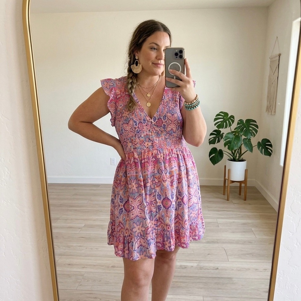 Anthropologie Mini Dress XL Pink NWT Smocked Paisley Motif Boho Cottage Vacation